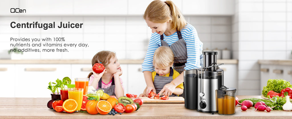 Qcen Juicer Machine, 500W Centrifugal Juicer Extractor with Wide Mouth 3” Feed Chute for Fruit Vegetable, Easy to Clean