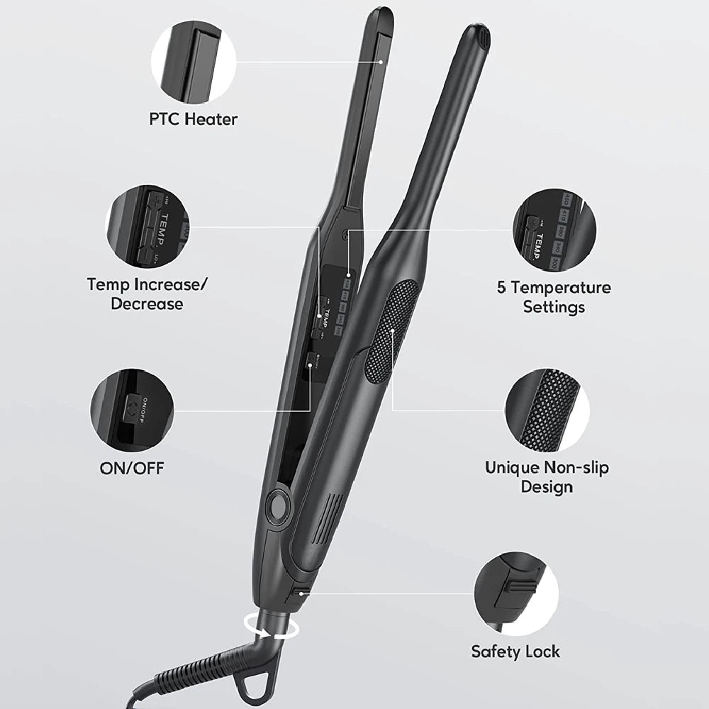 Mini Hair Curler 2 in 1 Pencil Hair Straightener Titanium Plate Thinnest Narrow Flat Iron with LED Display for Short Beard Hair