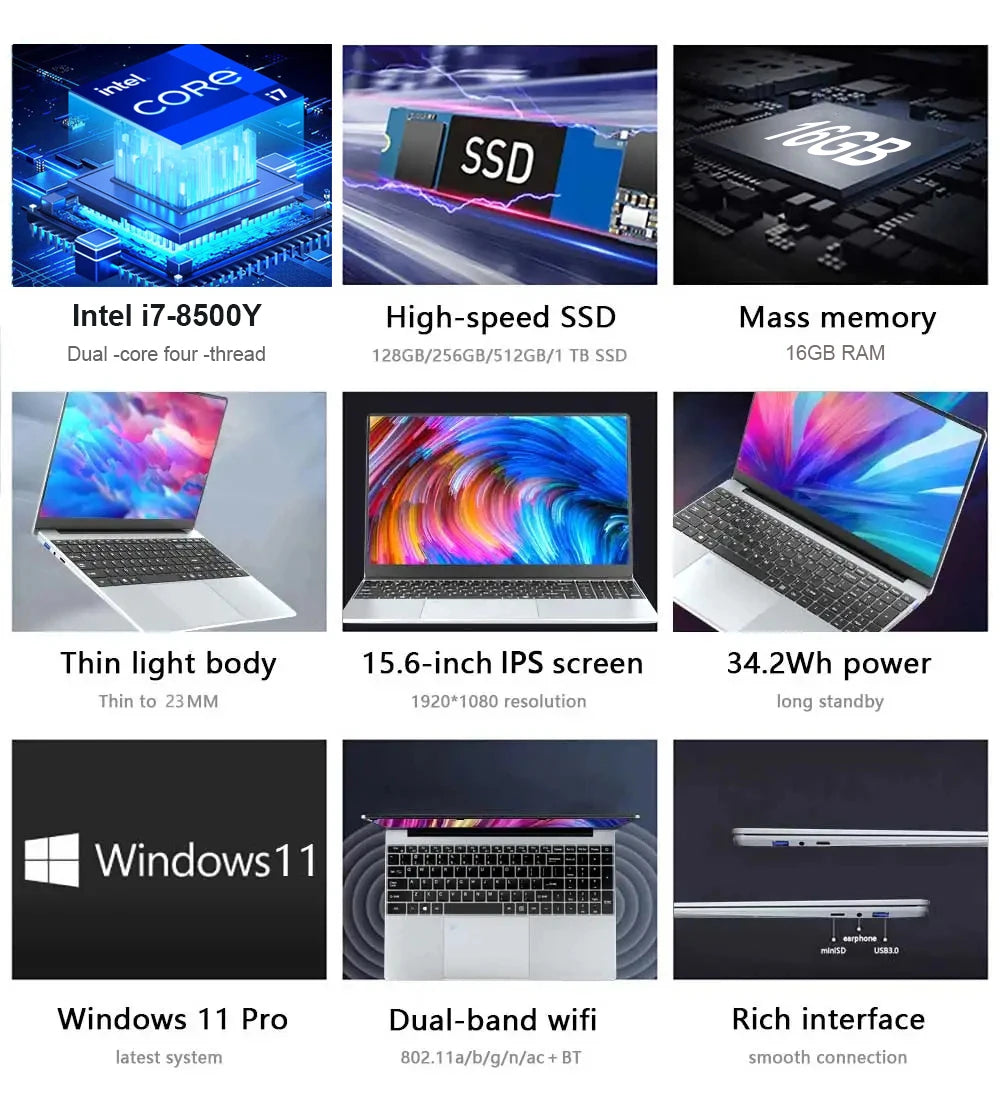 2025 15.6" Windows 11 Pro Laptop Computer Intel Core i7 8500Y 16GB 1TB Laptops Office Computer Fingerprint Unlock Notebook PC