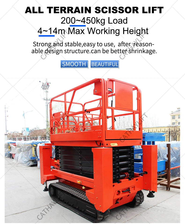 CATHAY Four Drive Crawler Scissor Platform 100kg Load 12m Electric Wear Resistant Lift for Renovation Rough Ground Work Model