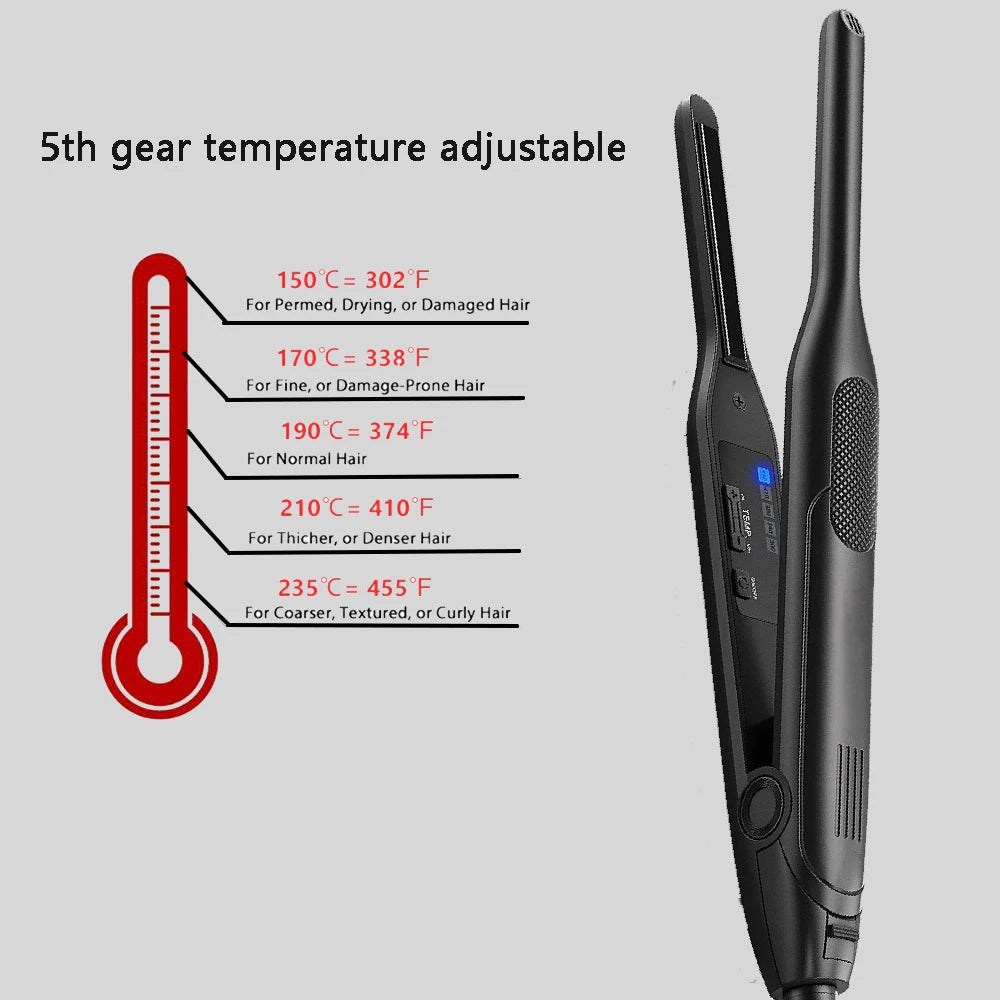 Mini Hair Curler 2 in 1 Pencil Hair Straightener Titanium Plate Thinnest Narrow Flat Iron with LED Display for Short Beard Hair