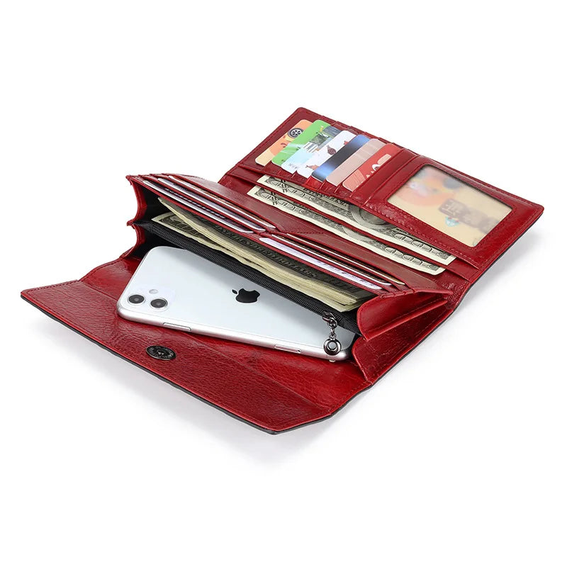 Genuine Leather Purse Women Large Real Leather Clutch Long Women's Cow Leather Purses Floral Ladies Wallets