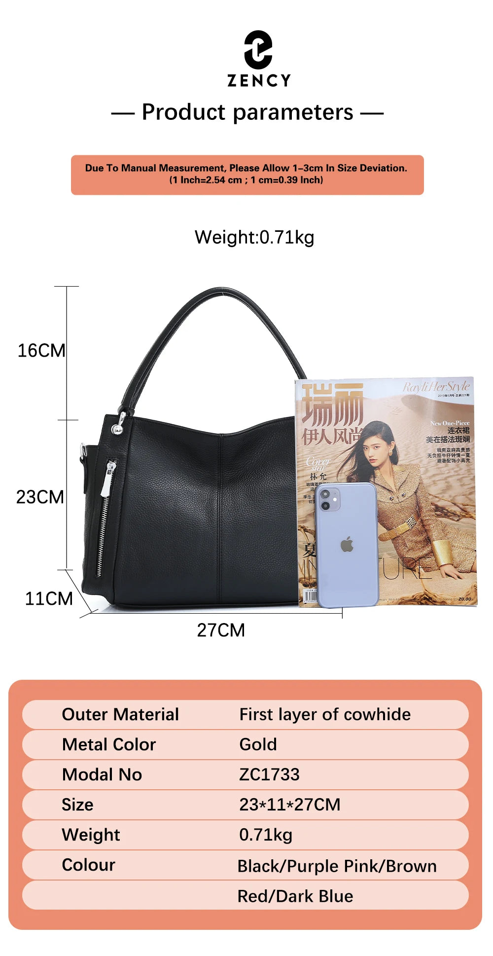 Zency 100% Genuine Leather Handbag Female Classic Simple Vintage Women Shopper Tote Lady Shoulder Bag Commuter Casual Crossbody