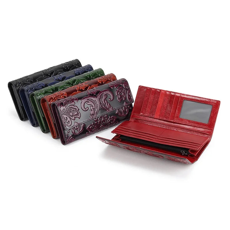 Genuine Leather Purse Women Large Real Leather Clutch Long Women's Cow Leather Purses Floral Ladies Wallets