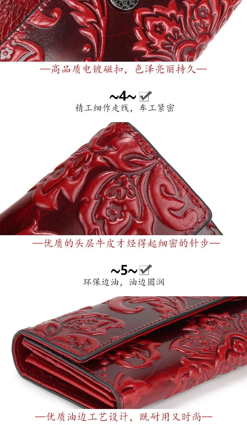 Genuine Leather Purse Women Large Real Leather Clutch Long Women's Cow Leather Purses Floral Ladies Wallets