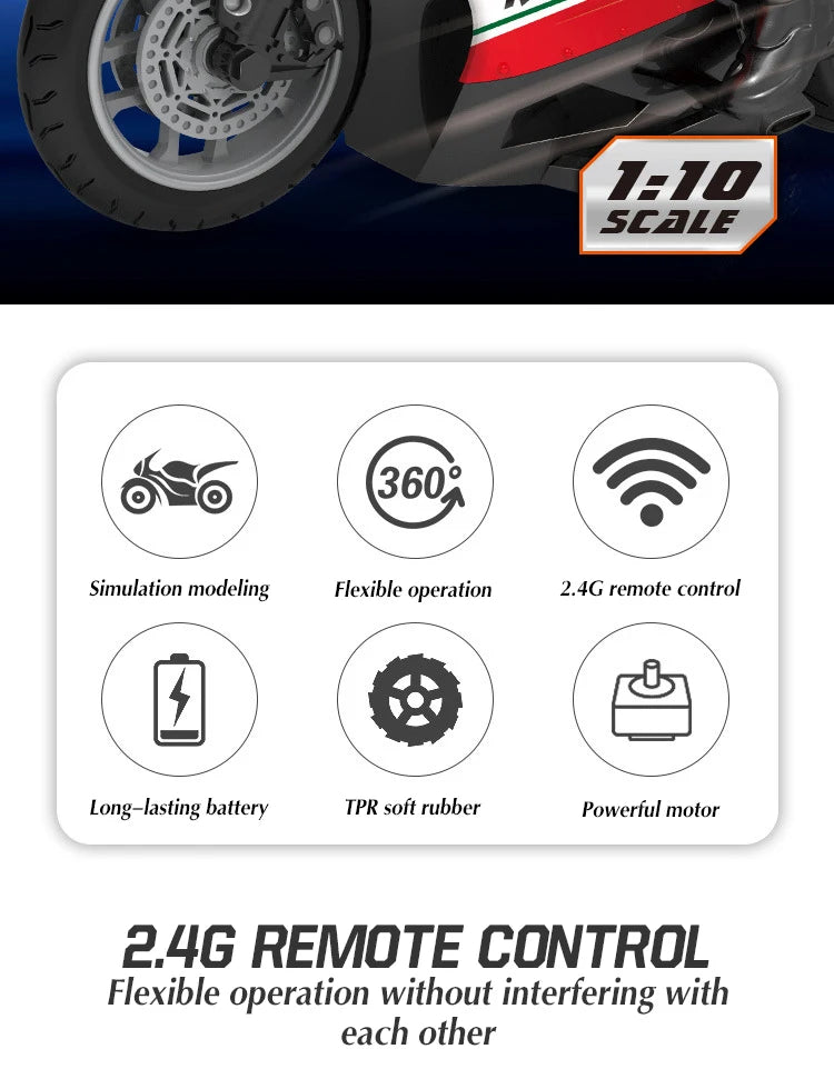 1/10  Electric Motorcycle RC Cars Scale High Speed Racing 4 Channels Remote Control Distance 35 Meters Off-Road Model