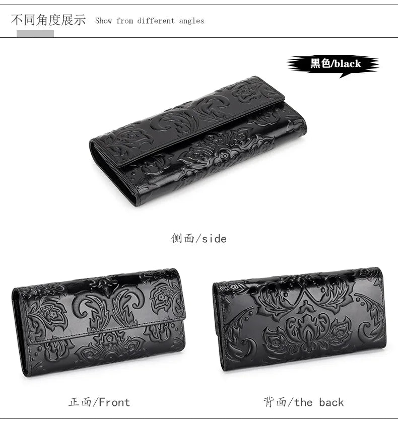 Genuine Leather Purse Women Large Real Leather Clutch Long Women's Cow Leather Purses Floral Ladies Wallets