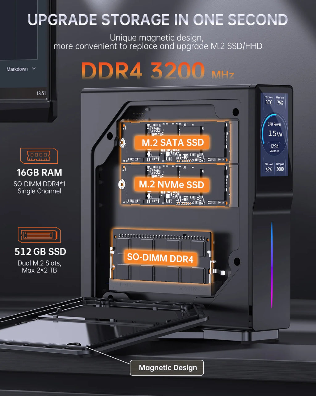 Intel Alder Lake-N150 Gaming Mini Pc with LCD Screen16GB DDR4 512GB M.2 SSD Vertical Mini Computer mini PC for Home Office