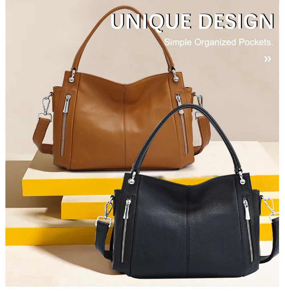 Zency 100% Genuine Leather Handbag Female Classic Simple Vintage Women Shopper Tote Lady Shoulder Bag Commuter Casual Crossbody