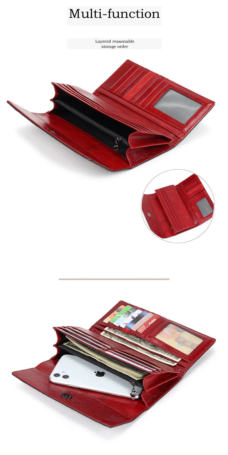 Genuine Leather Purse Women Large Real Leather Clutch Long Women's Cow Leather Purses Floral Ladies Wallets