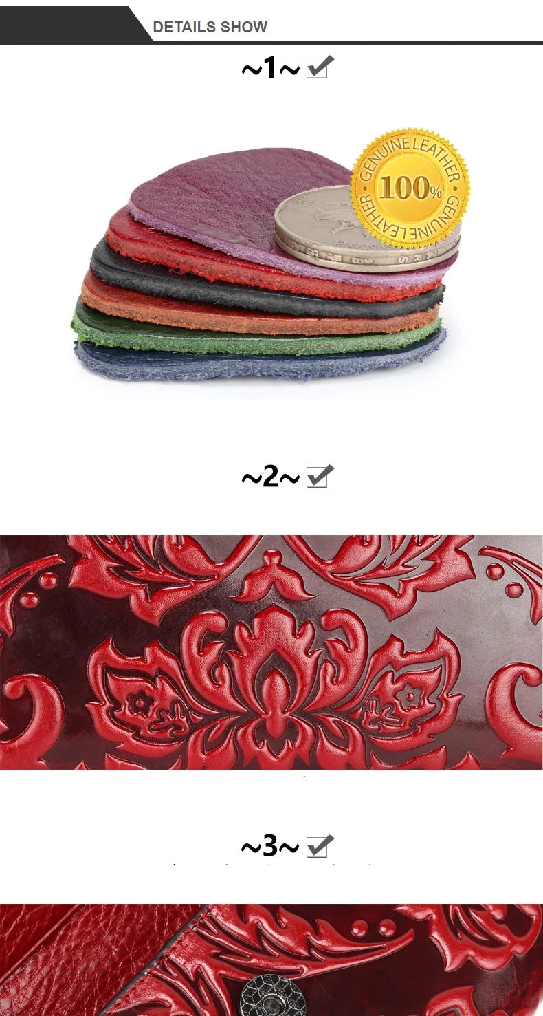 Genuine Leather Purse Women Large Real Leather Clutch Long Women's Cow Leather Purses Floral Ladies Wallets