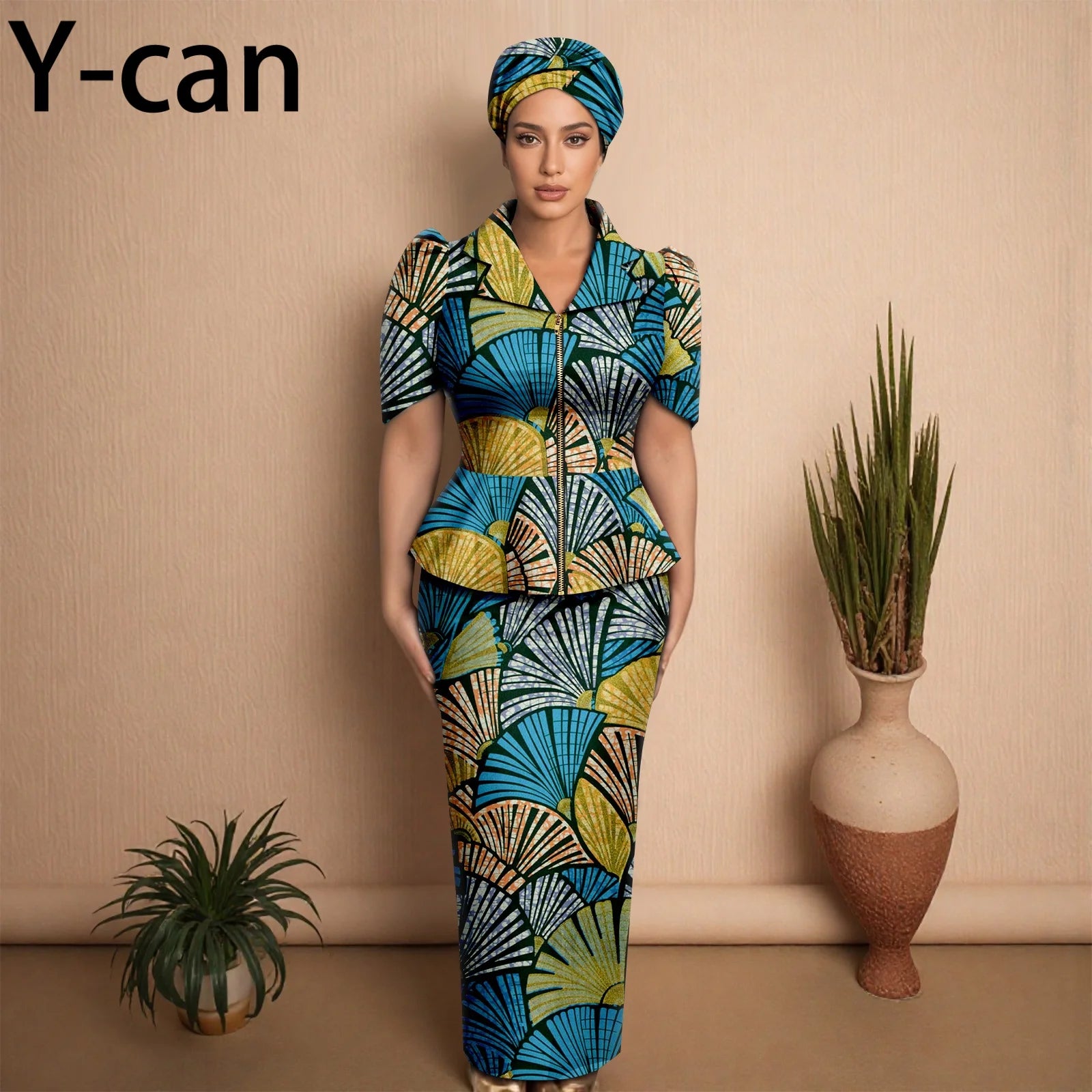 African Women Skirt Set Luxury Metal Zipper Top and Slim Fit Skirt Match Headscarf Party Wedding Elegant Lady Dress Suit 2526079