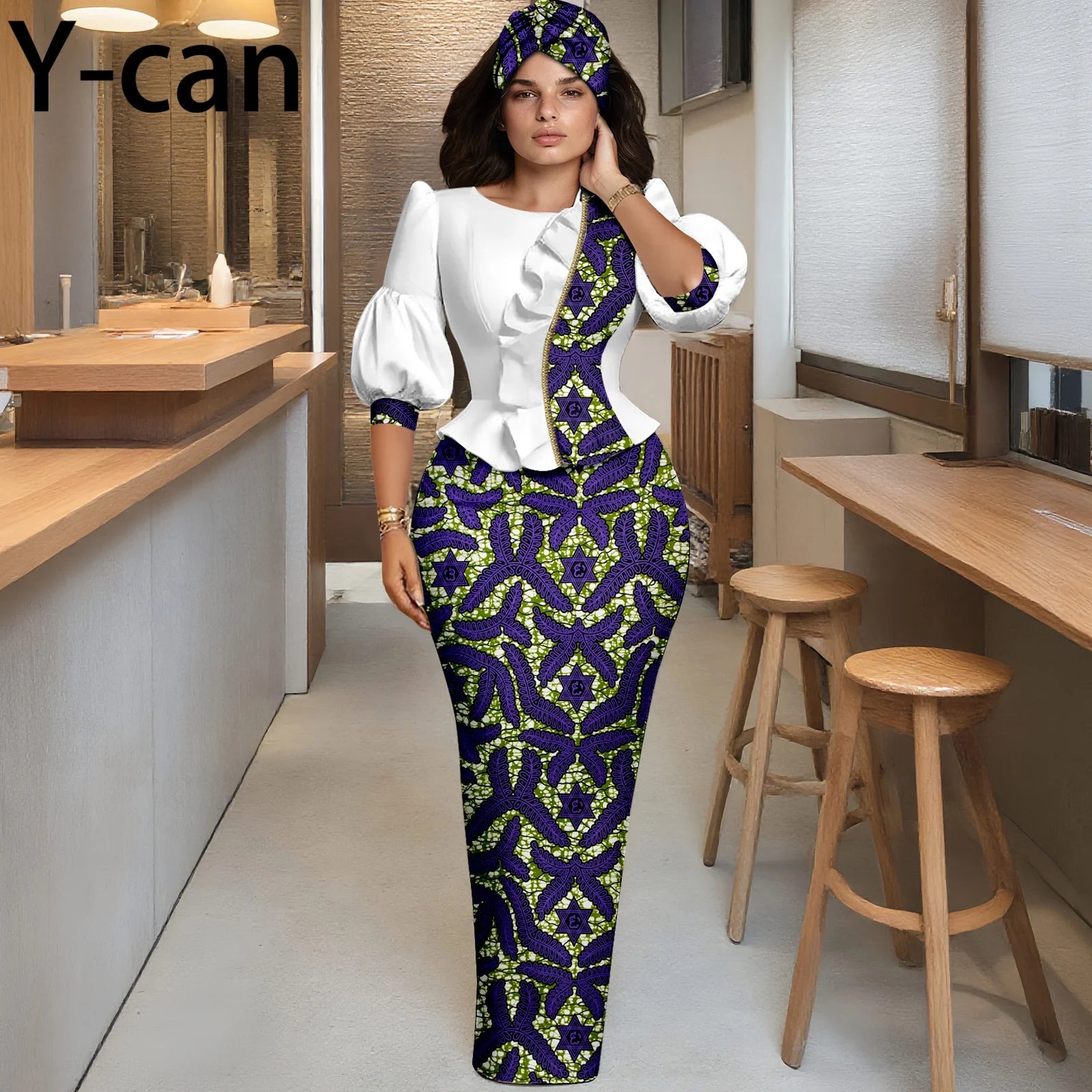 African Women Skirt Set Fashion Lantern Sleeve Ruffled Top and Slim Skirt Vestidos with Headwrap Dashiki Wedding Dress 2526066