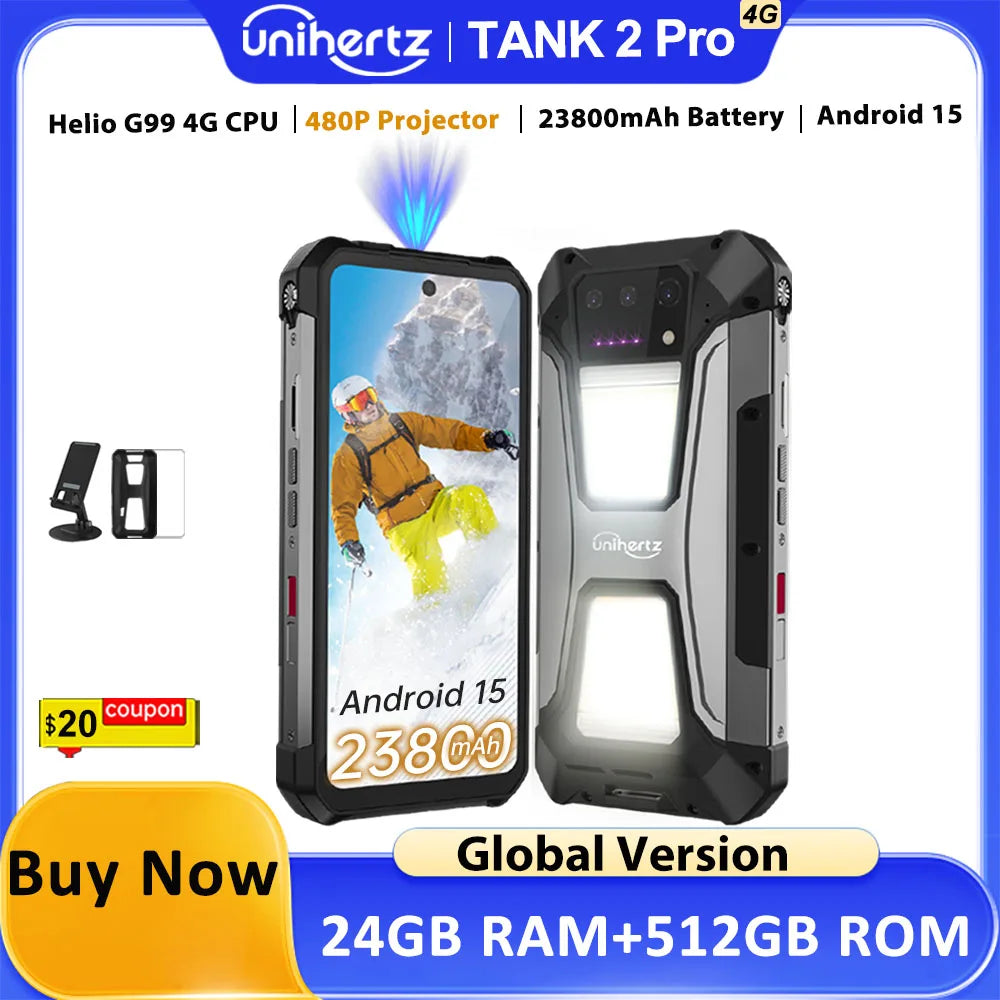 Unihertz Tank 2 Pro 8849 Rugged Phone with Projector, 100Mp Camera, 24Gb 512Gb, Android 14, 100Mp, Nfc, Helio G99, 23800Mah, 4g