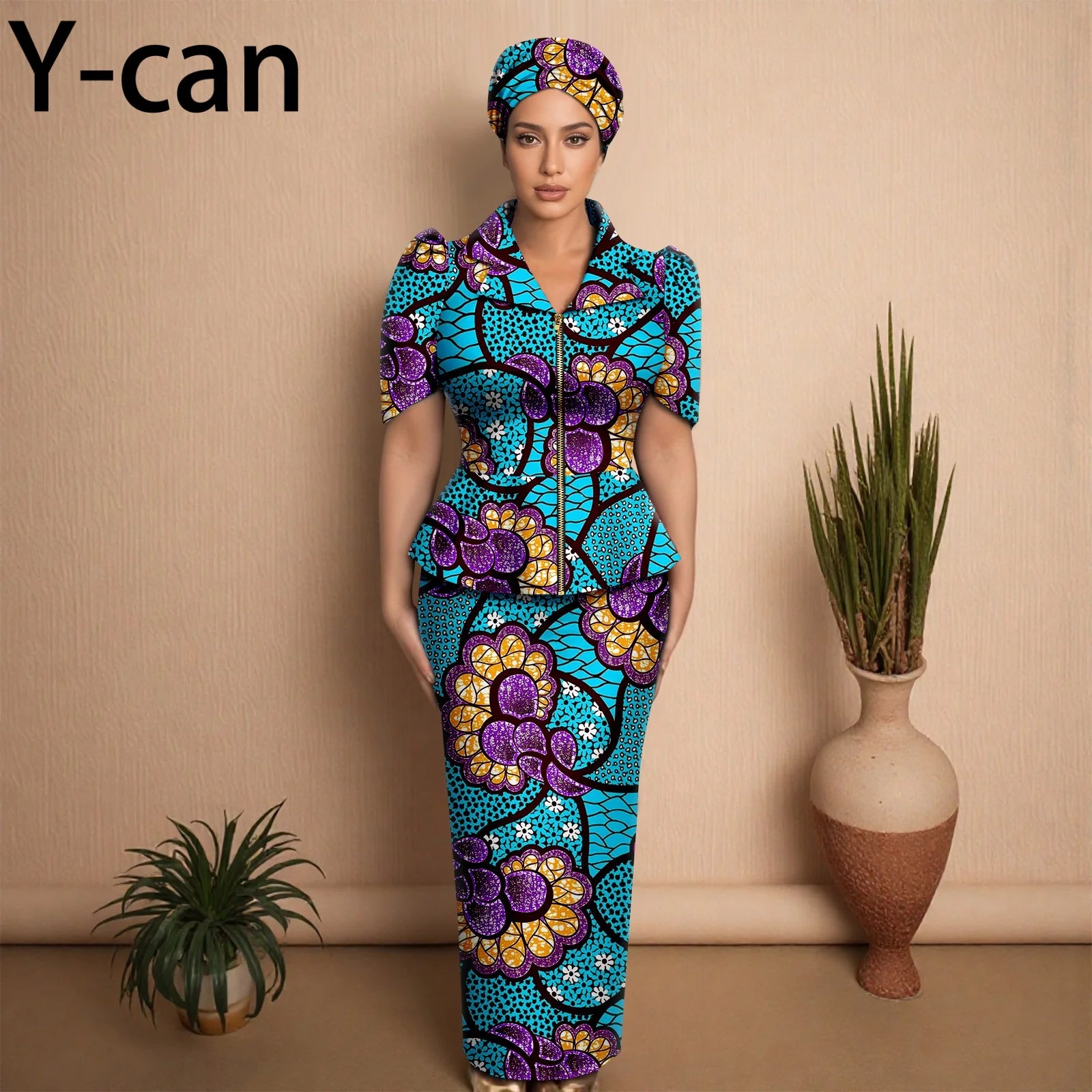 African Women Skirt Set Luxury Metal Zipper Top and Slim Fit Skirt Match Headscarf Party Wedding Elegant Lady Dress Suit 2526079