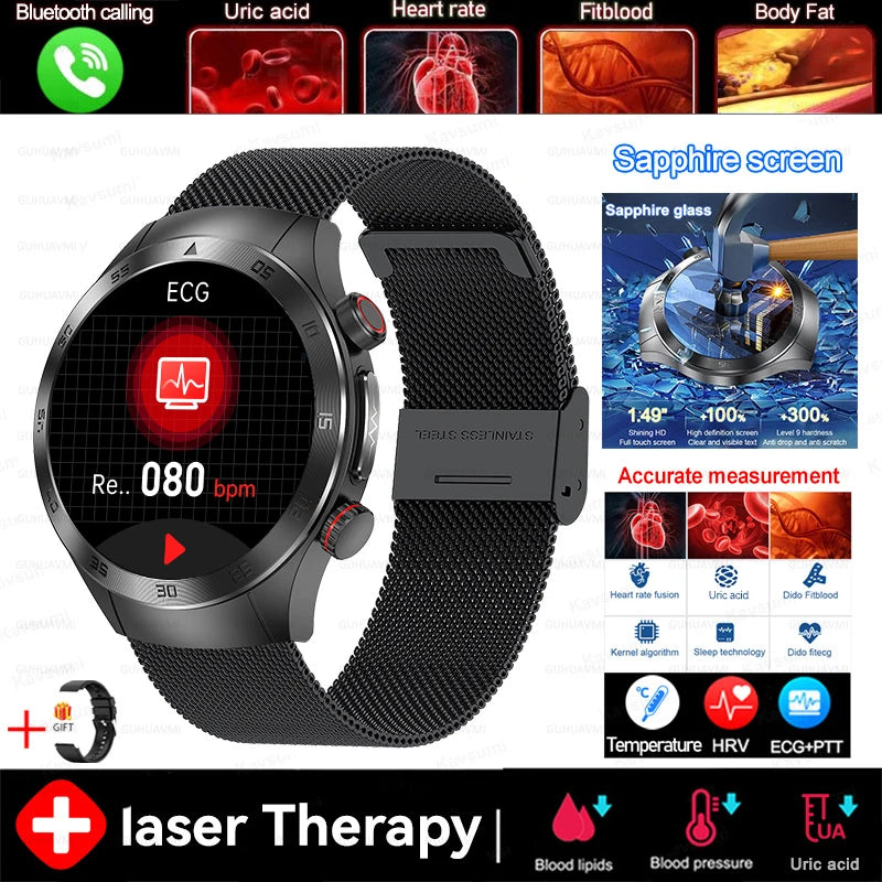 2026New Precise Laser Therapy Bracelet Health ECG+PPG Smart Watch Blood Pressure Blood Lipid Uric Acid BT HD Call SmartWatch Men