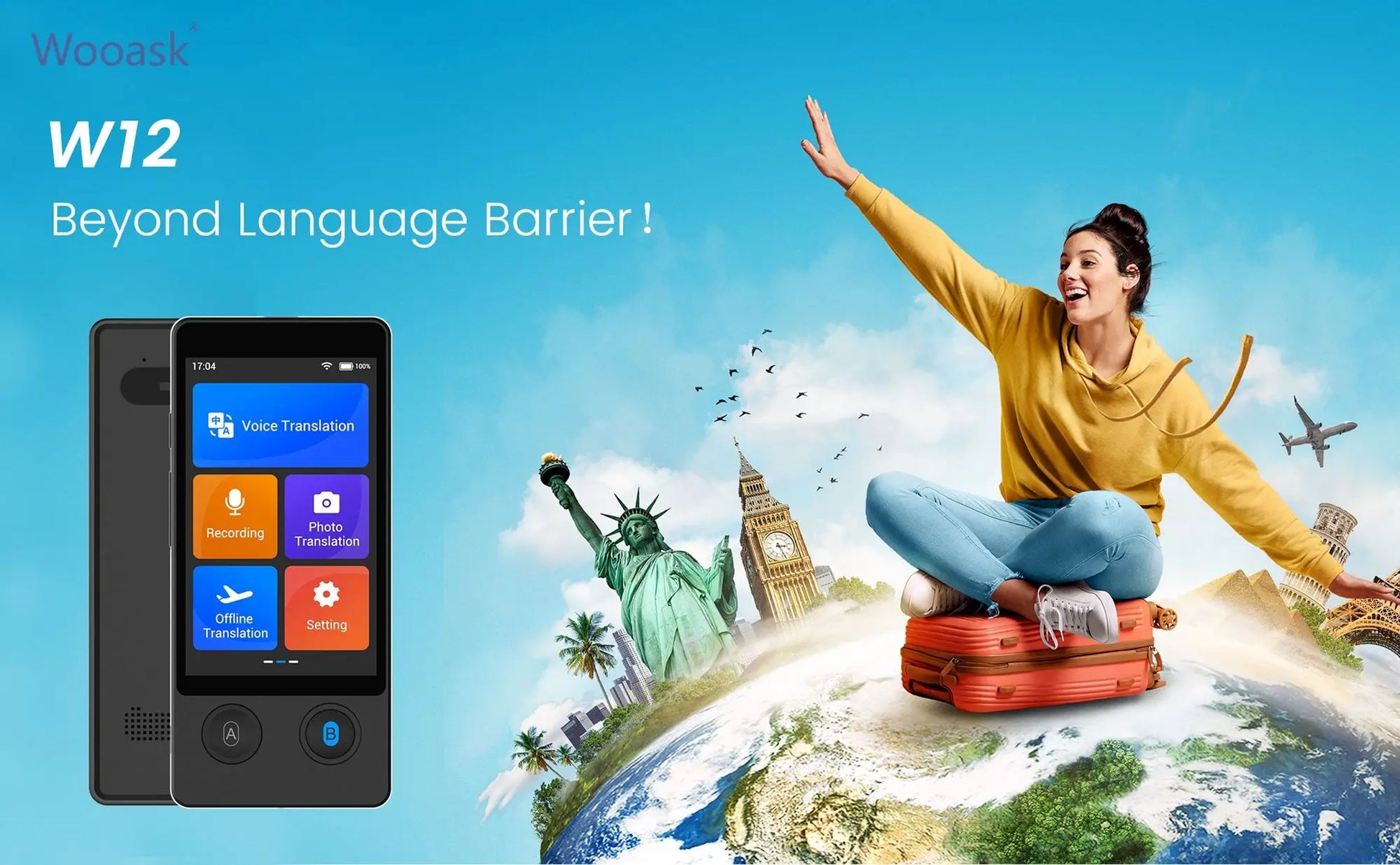 Wooask W12 Translator Device,Two Way Real Time Voice Translator, 144 Languages with 16 Offline Packages , for Travel Business