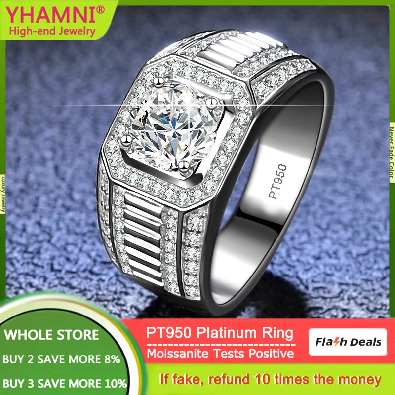 Men's Luxury Eternal PT950 Platinum Rings With Credentials GRA Round Luxury 1 Carat VVS D Color Diamond Moissanite Wedding Rings
