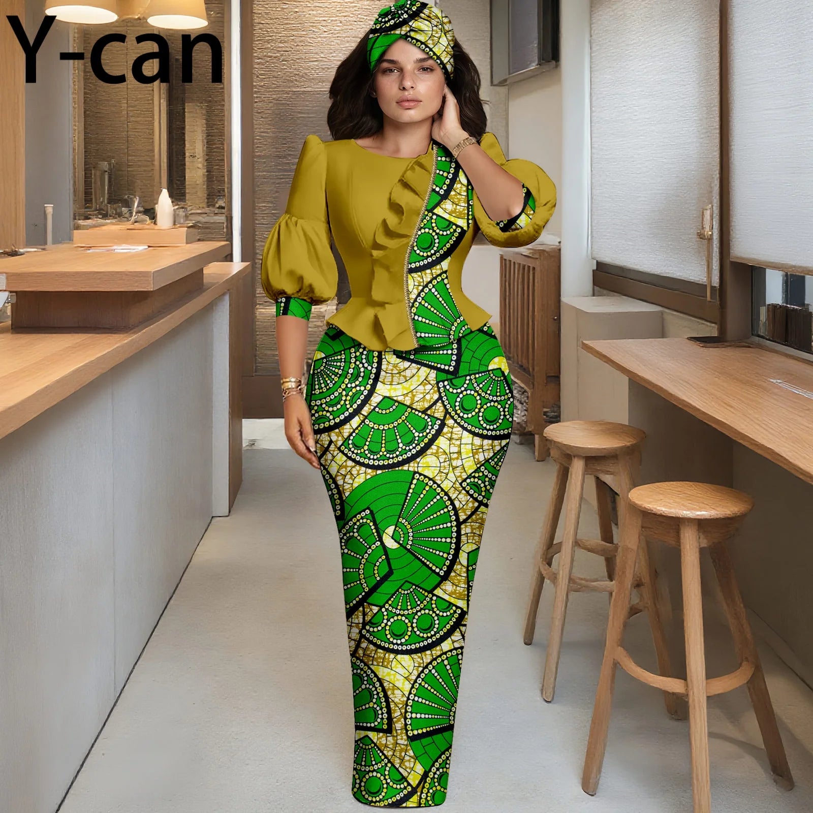 African Women Skirt Set Fashion Lantern Sleeve Ruffled Top and Slim Skirt Vestidos with Headwrap Dashiki Wedding Dress 2526066