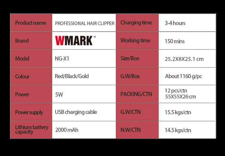 WMARK Trimmer Professional Hair Cutting Machine Cordless Hair Clippers 10000 RPM Barber Clipper Electric Trimmer for Men NG-X1