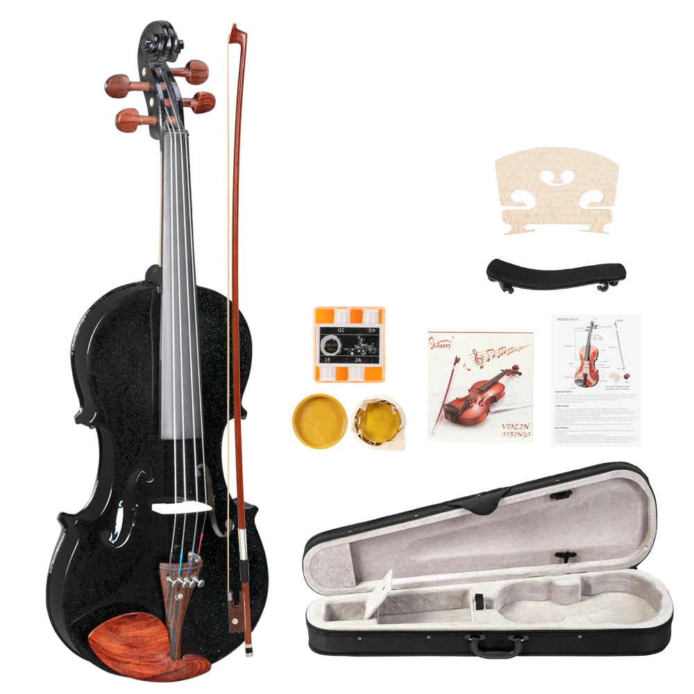 Full Size Matte Black 4/4 Spruce Panel Wooden Violin Set with Case Bow Rosin  4 Strings Shoulder Rest Turner Cleaning Cloth
