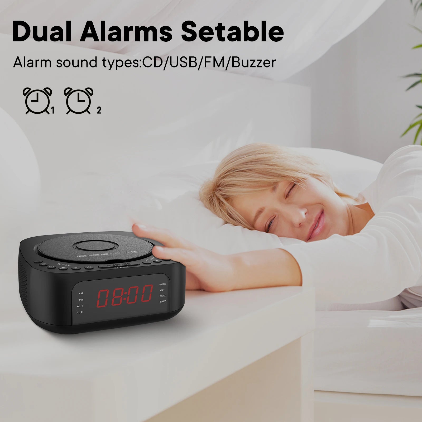 CD Player Alarm Clock with Remote,CD/MP3 Bluetooth FM radio with Speakers,USB charger,Dimmable LED display,dual alarms bedroom
