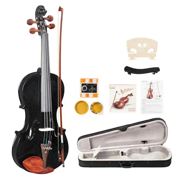 Full Size Matte Black 4/4 Spruce Panel Wooden Violin Set with Case Bow Rosin  4 Strings Shoulder Rest Turner Cleaning Cloth