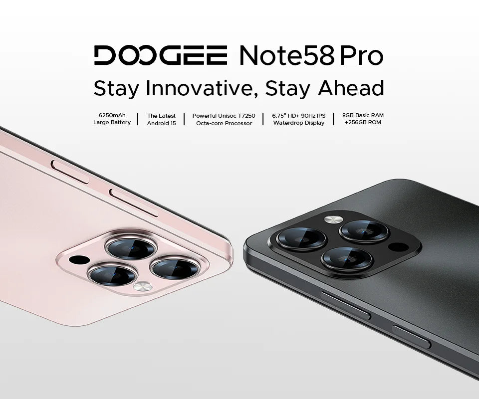 Global Version DOOGEE Note58 Pro Smartphone 6.75" HD+ Display 8GB RAM 256GB ROM 6250mAh Large battery NFC Android 15 Cellphone