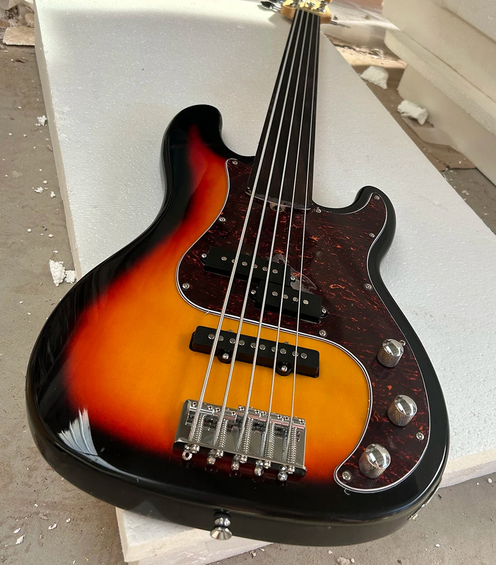High Quality Tobacco Sunburst 4 And 5 Strings Electric Bass Guitar Fretless Rosewood Fretboard Red Pickguard Customizable