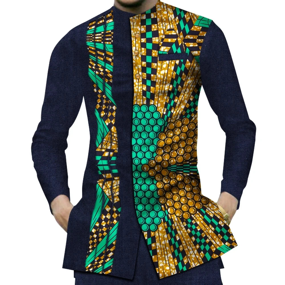 Casual 100% Cotton Mens African Clothing Dashiki Patchwork Print Shirt Tops Bazin Riche Traditional African Clothes WYN380