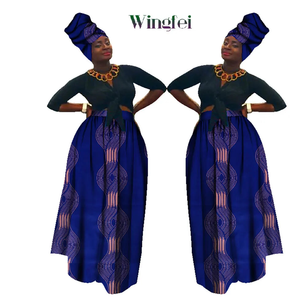 Dashiki African High Waist Ball Grown Skirt Bazin Riche African Skirt and African Headscarf 2 Pieces Lady Maxi Long Skirt WY1270