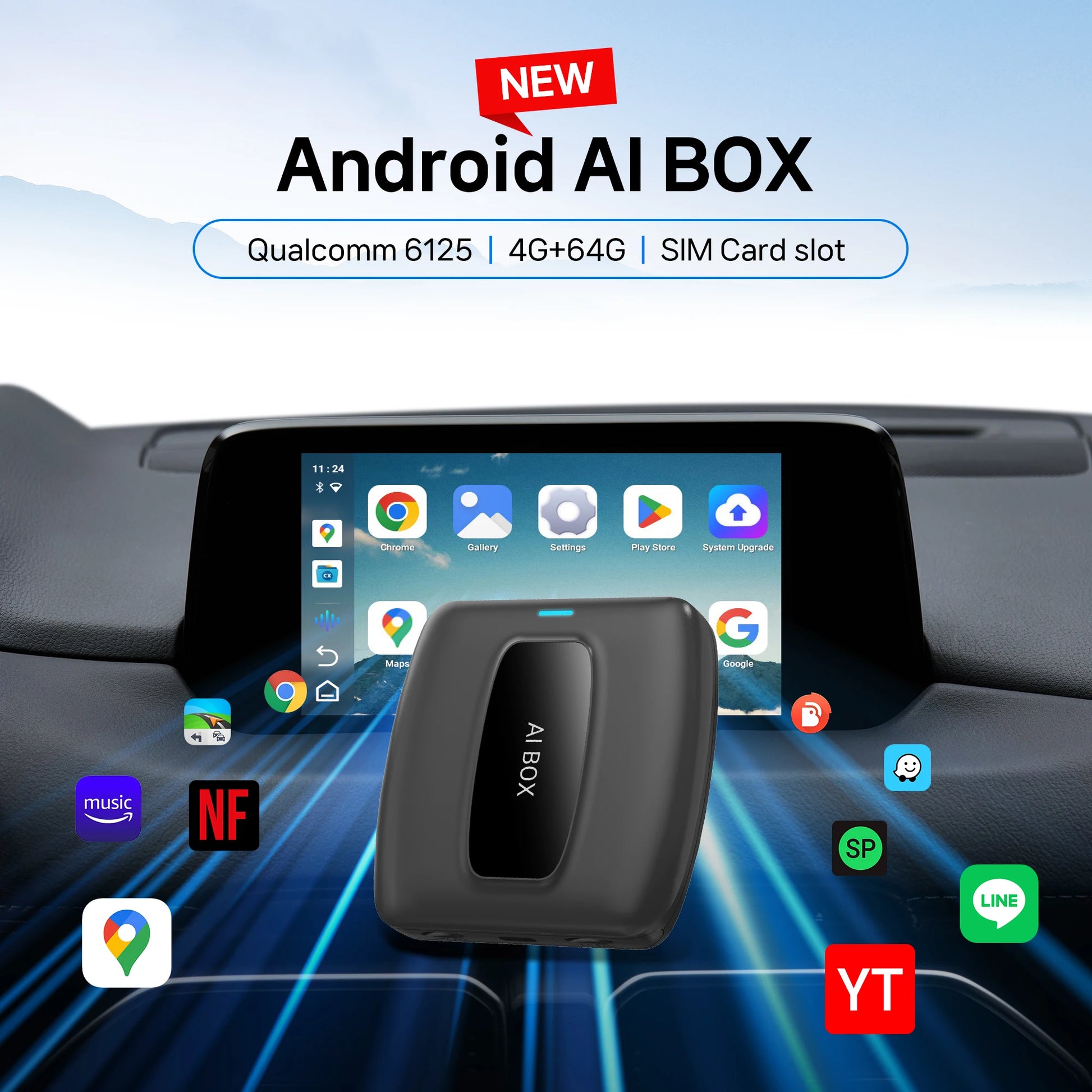 2025 CarPlay Ai Box Wireless Android Auto Car Play Adapter Smart Car TV Accessories for Net flix UtubeQualcomm Snapdragon 6125