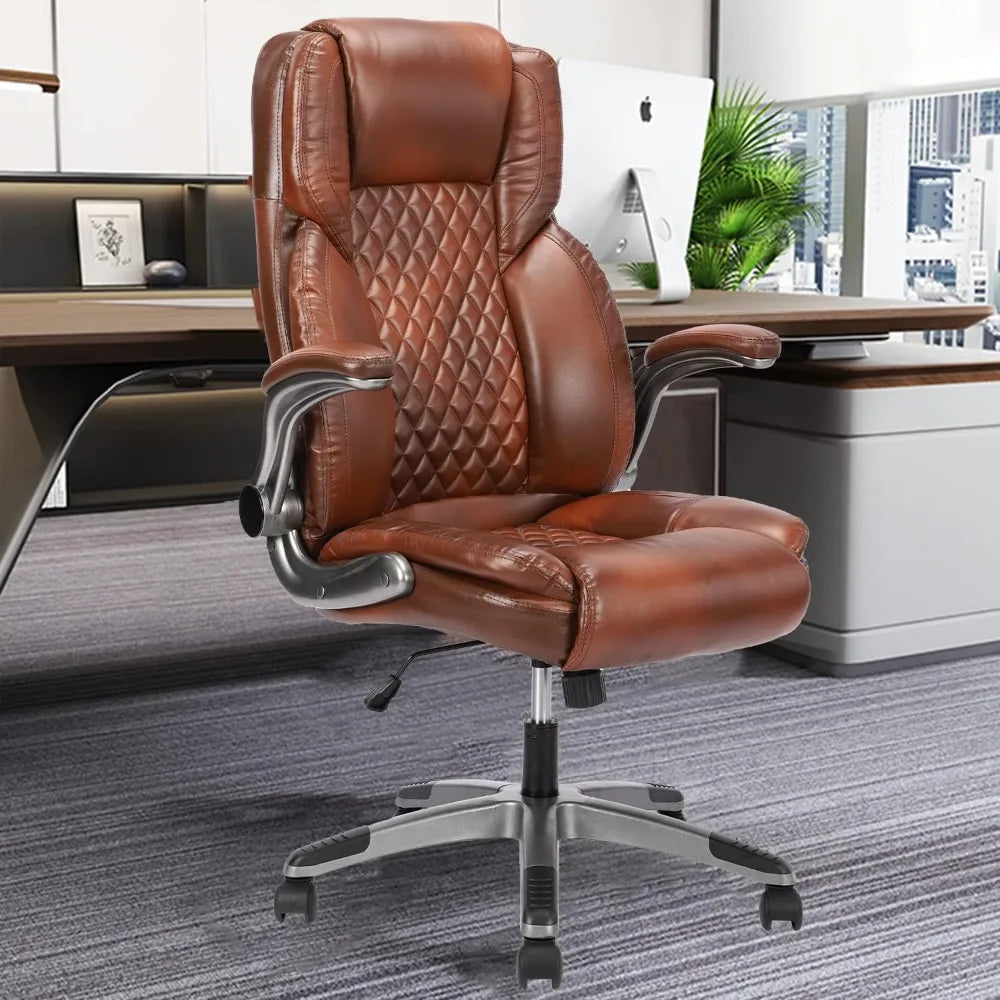 Brown Leather Office Chair with Flip up Arms, High Back Ergonomic Executive Office Chairs with Wheels, 90-120° Rocking Office De