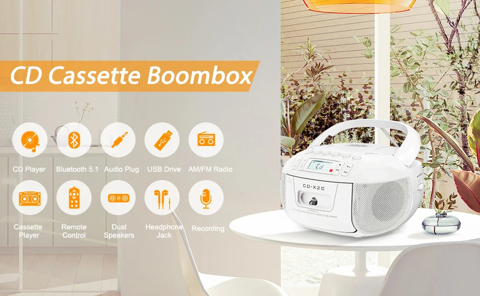 CD cassette boombox combo with bluetooth and AM FM radios,portable cd tape recorder with USB,DC AC powered