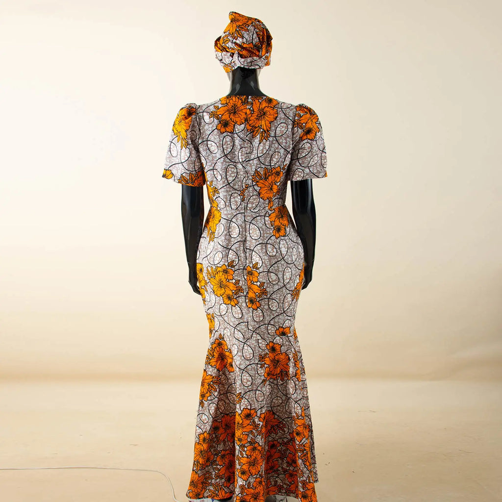 African Party Dress for Women Puff Sleeve O-neck Slim Fit Mermaid Dresses with Headwrap for Birthday Evening Wedding 2525142