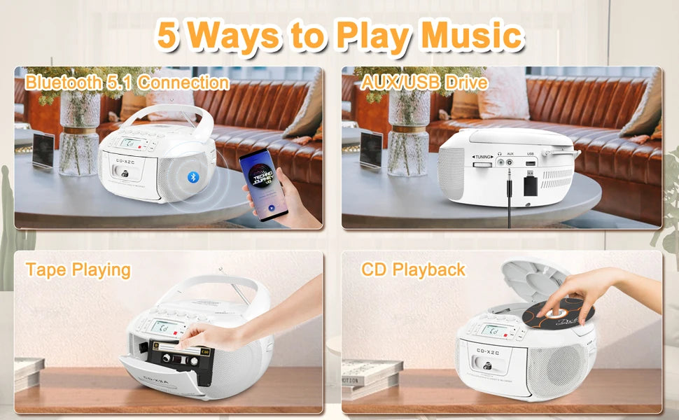 CD cassette boombox combo with bluetooth and AM FM radios,portable cd tape recorder with USB,DC AC powered