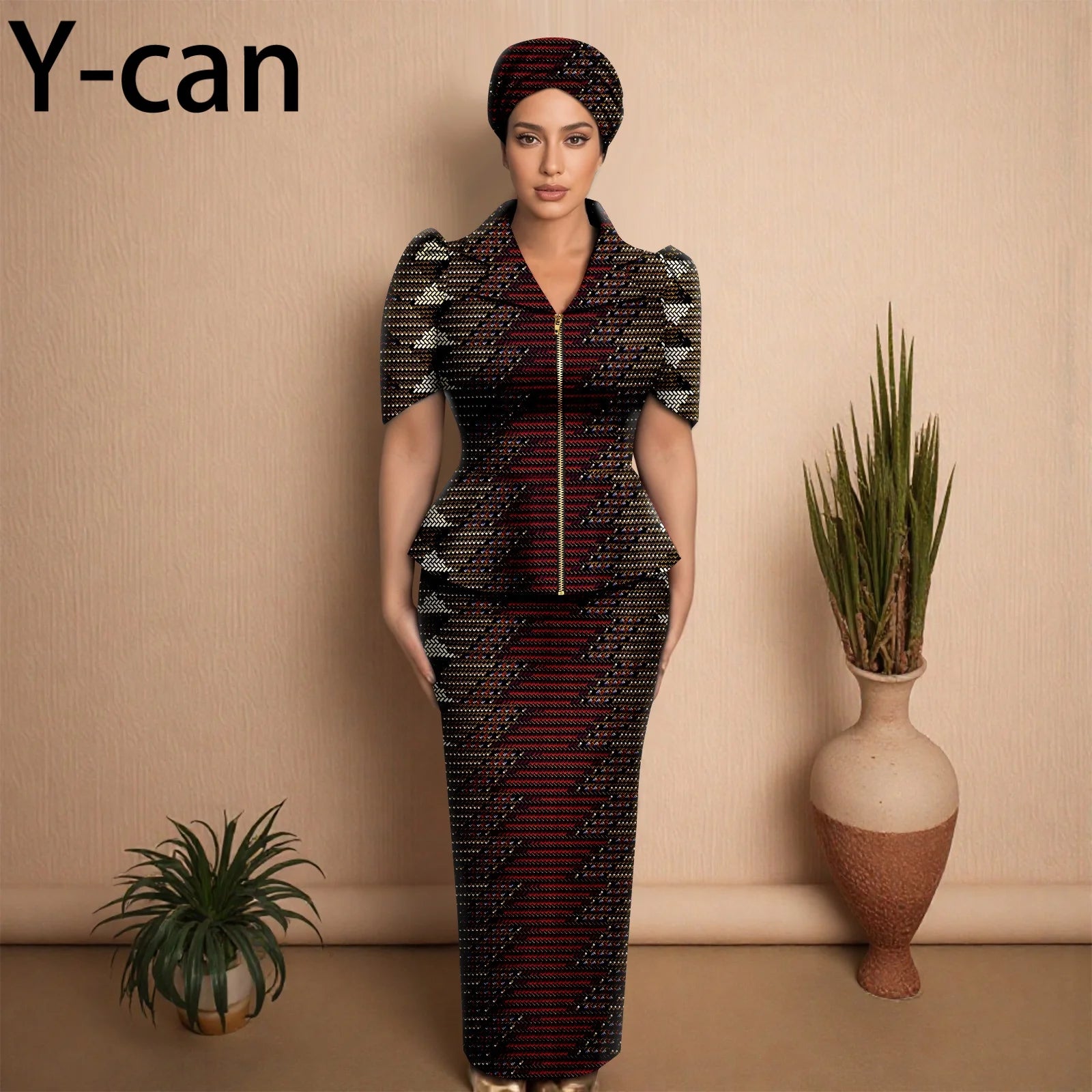 African Women Skirt Set Luxury Metal Zipper Top and Slim Fit Skirt Match Headscarf Party Wedding Elegant Lady Dress Suit 2526079