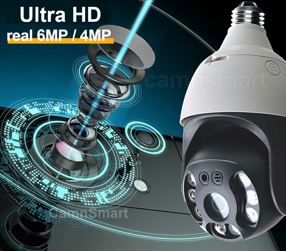 Ultra 6MP Outdoor Wireless WIFI Camera E27 Bulb Type for Smart Home Tuya APP IP66 Waterproof Auto Track Motion Detection