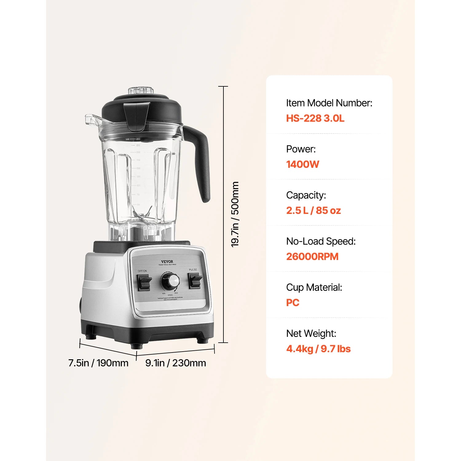 VEVOR Blender for Smoothies 1400W Professional Blender with Powerful Motor Multi-Functional Food Processing Blender for Kitchen