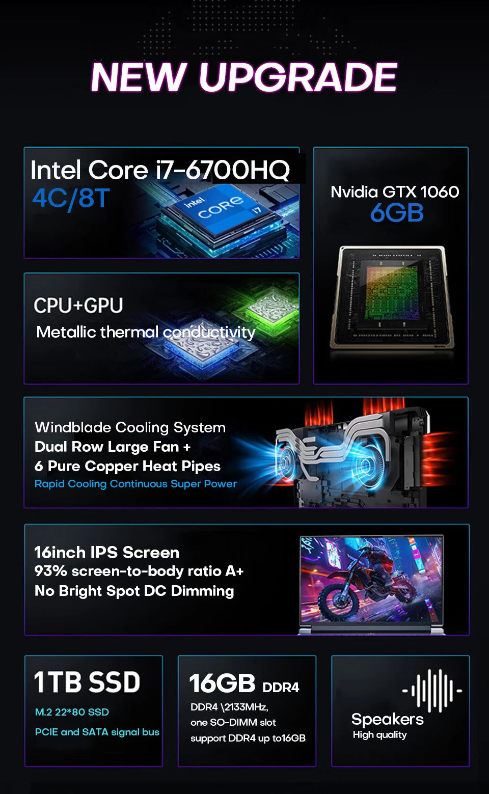 Xiaman 16" Gaming Laptop intel Core i7-6700HQ GTX 1060 Notebook PC IPS 1920*1200 16GB DDR4 1TB SSD Windows 11 Pro Laptop Gamer