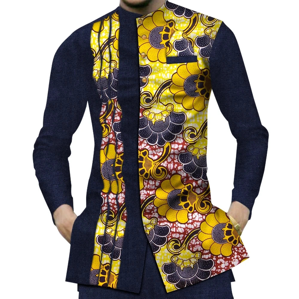 Casual 100% Cotton Mens African Clothing Dashiki Patchwork Print Shirt Tops Bazin Riche Traditional African Clothes WYN380