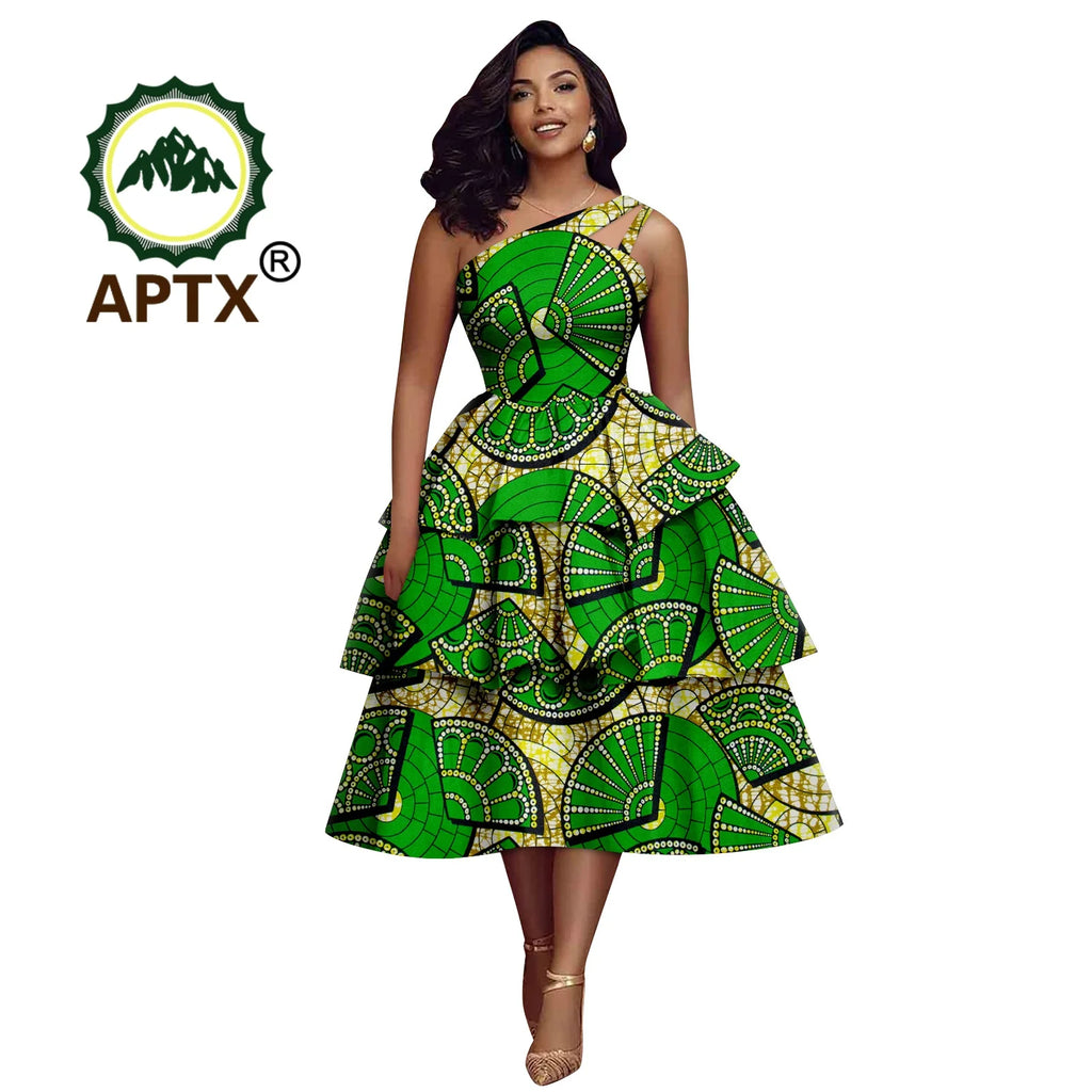 African Dress for Women Ankara Print Skew Collar Sleeveless Mid-Calf Cascading Dress Dashiki Elegant fashion Casual Party Dress
