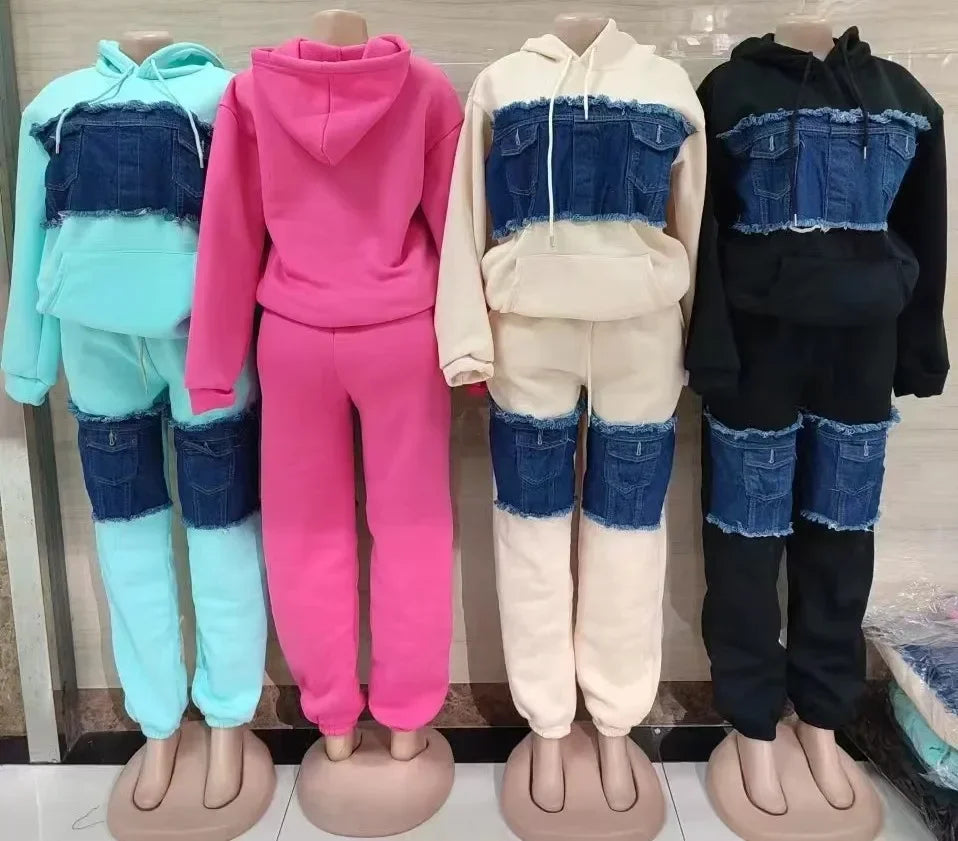 2 Piece Women Set Dashiki African Clothes Spring Autumn New Fashion Long Sleeve Denim Top And Pants Suit Party Matching Sets