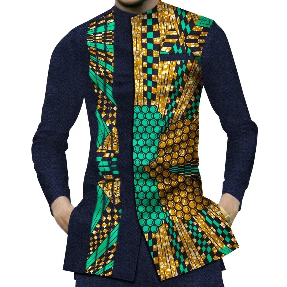 Casual 100% Cotton Mens African Clothing Dashiki Patchwork Print Shirt Tops Bazin Riche Traditional African Clothes WYN380