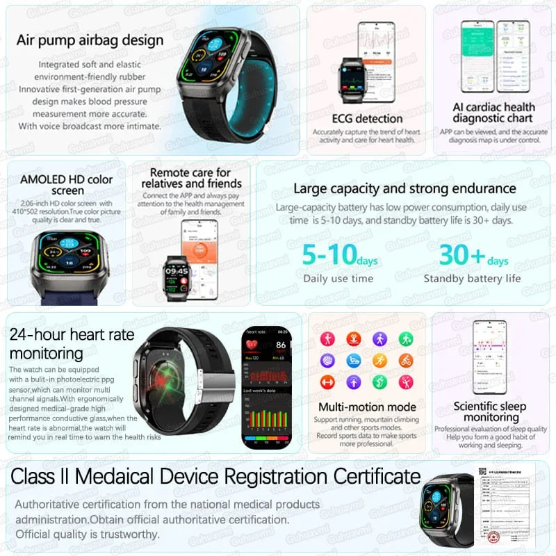 New ECG+PPG Nursing Grade Air Bag Smart Watch Men's Blood Fat Blood Pressure Voice Broadcast Health Smart Bracelet For Woman NFC
