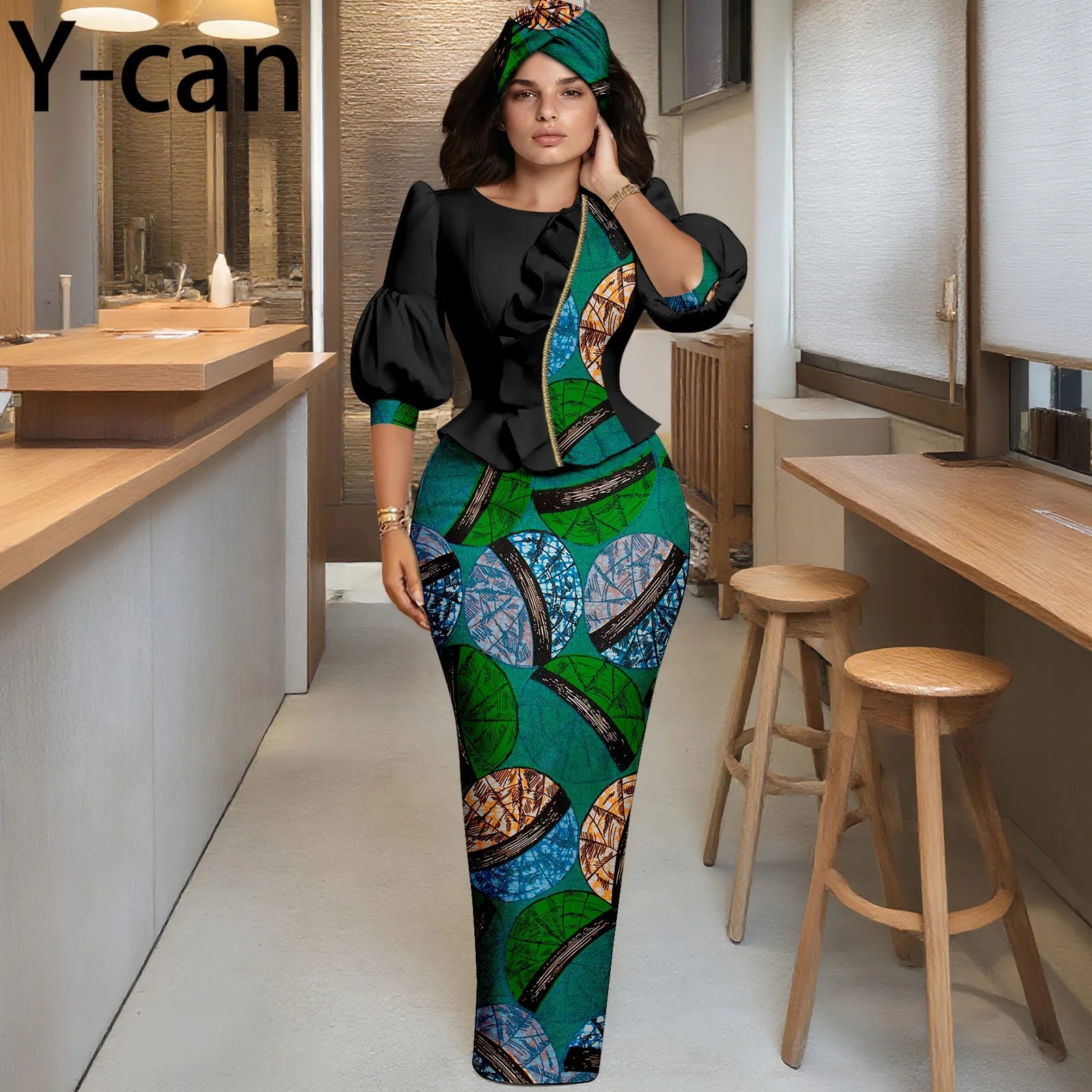 African Women Skirt Set Fashion Lantern Sleeve Ruffled Top and Slim Skirt Vestidos with Headwrap Dashiki Wedding Dress 2526066