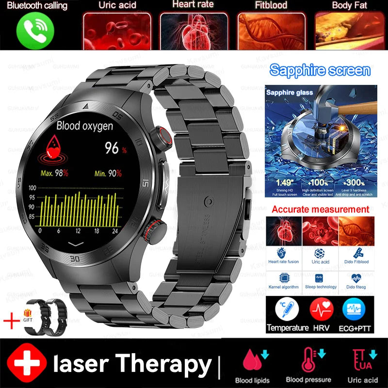 2026New Precise Laser Therapy Bracelet Health ECG+PPG Smart Watch Blood Pressure Blood Lipid Uric Acid BT HD Call SmartWatch Men