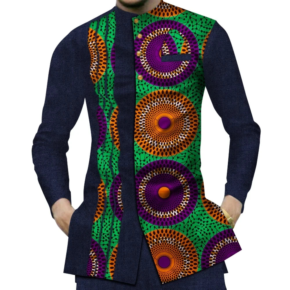 Casual 100% Cotton Mens African Clothing Dashiki Patchwork Print Shirt Tops Bazin Riche Traditional African Clothes WYN380