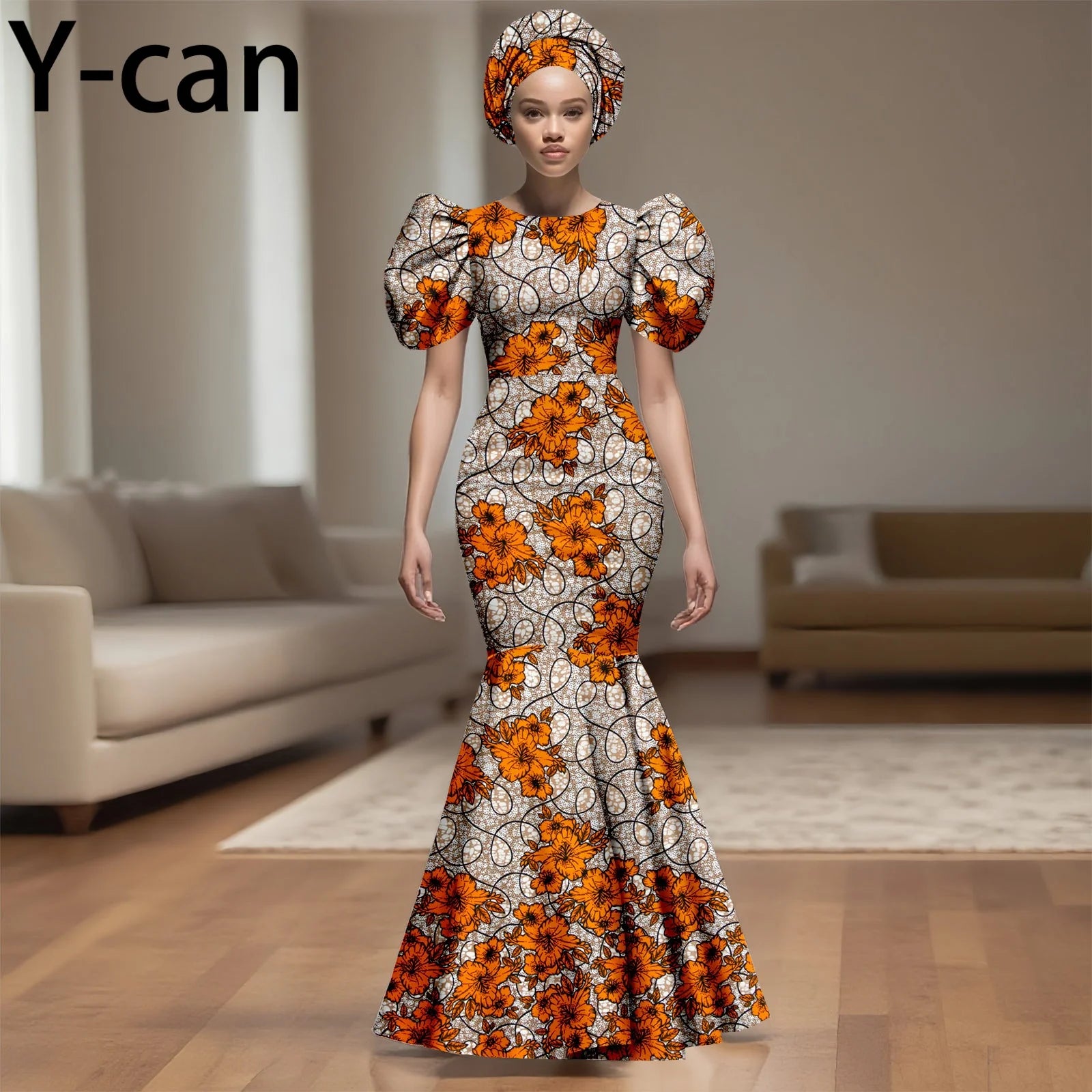 African Party Dress for Women Puff Sleeve O-neck Slim Fit Mermaid Dresses with Headwrap for Birthday Evening Wedding 2525142