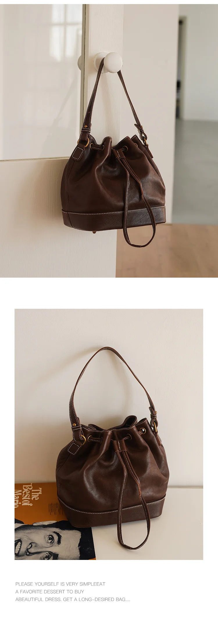 Leather Bucket Bags and Drawstring Crossbody Purse for Women Medium Tote